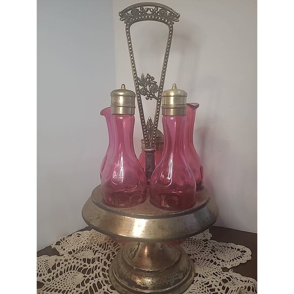 Vintage Cruet Simpson Hall Miller Quad Silverplate Cranberry Cut Glass Decor DIY - Picture 1 of 16